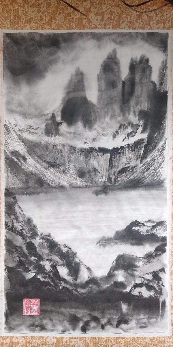 Pintura asiática tinta sumi-e, por encargo Torres del Paine, sumi-e sobre papel xuan (de "arroz"