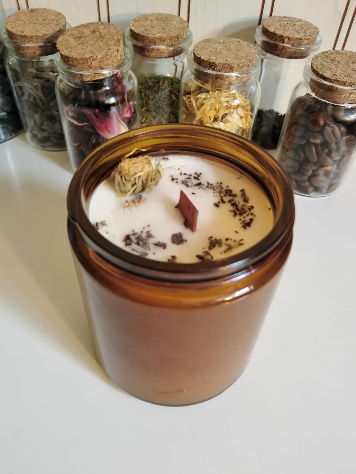Vela de Soja/envase vidrio ambar/aroma caléndula menta